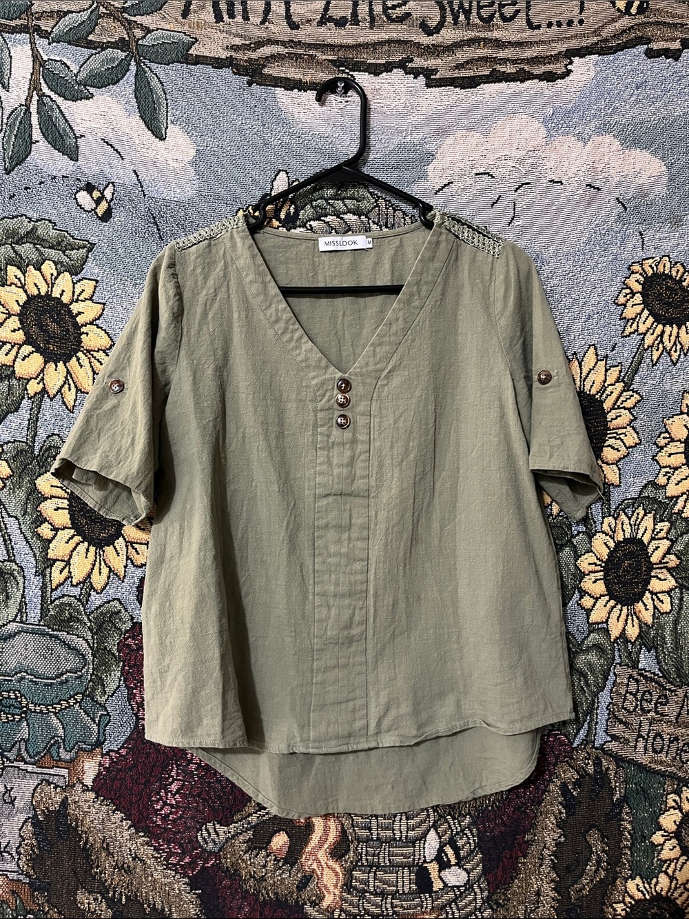MISSLOOK Olive V-Neck Button Front Tunic Top